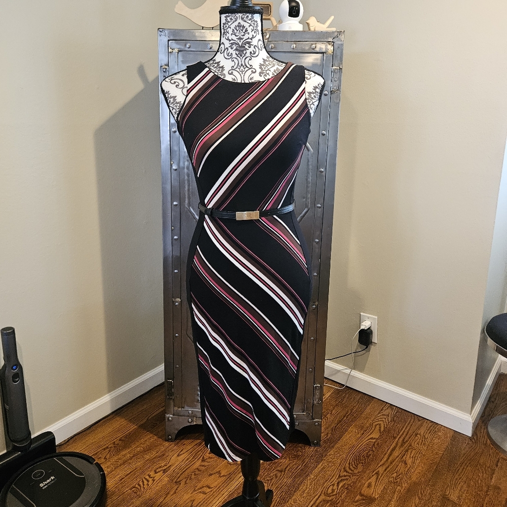 White House Black Market WHBM Sleeveless Stripe Knit Sheath Dress w/Belt PINK 00